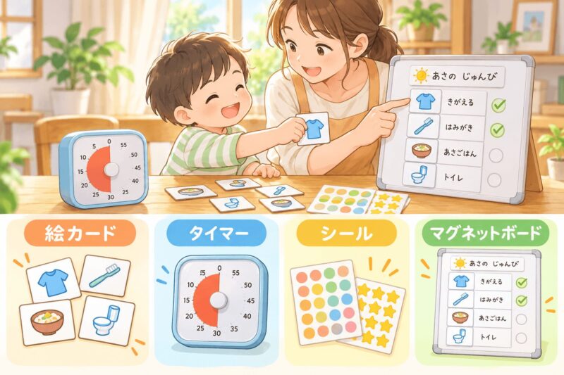 朝ルーチンに使いやすい絵カード・タイマー・シール・マグネットボードの図解イラスト