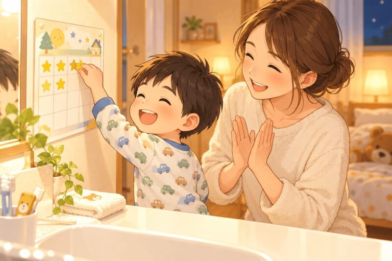 男の子が口の体操を続けるためにシールで達成感を味わうイラスト
