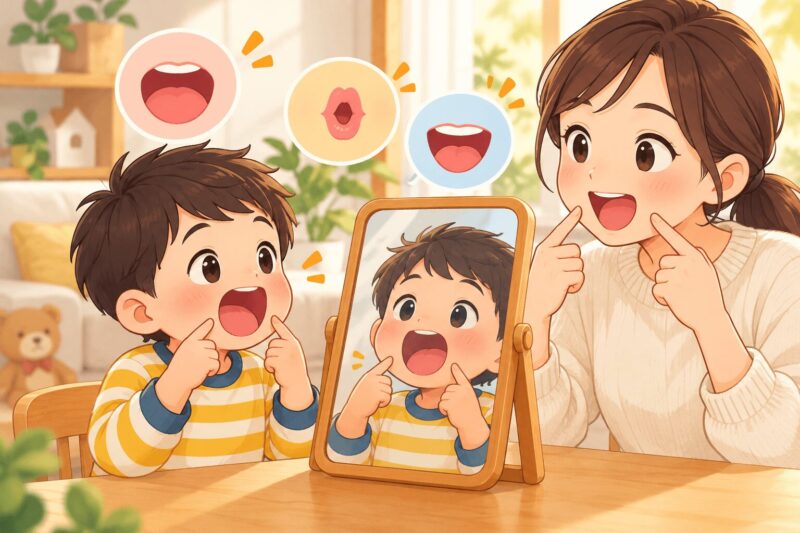 mouth-imitation-speech-practice-modern.png	男の子が鏡を見ながら母親と口の動きをまねして発語練習をするイラスト