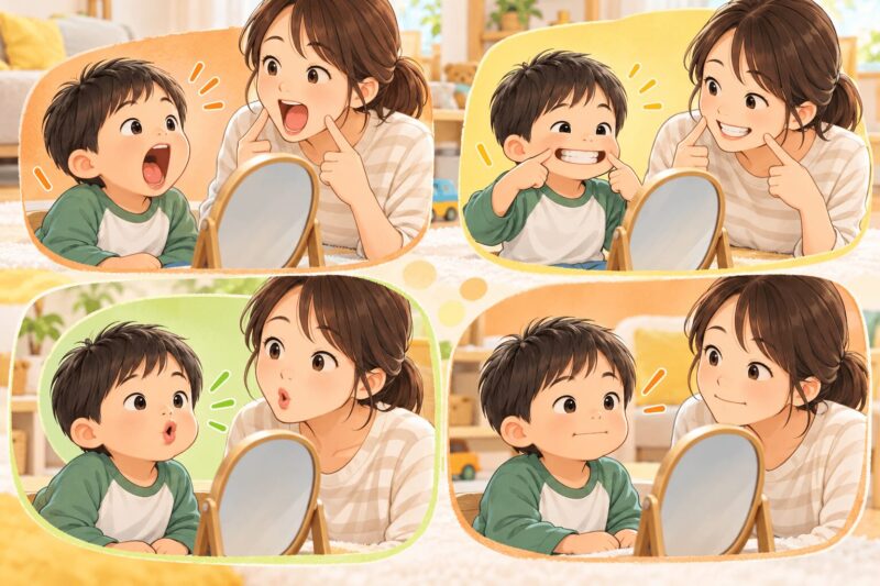 男の子が鏡を見ながら「あ・い・う・ん」の口の形をまねするイラスト
