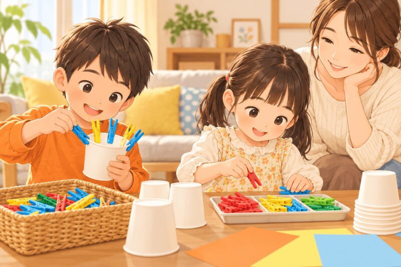 年長の男の子と女の子が洗濯ばさみと紙コップで指先遊びをするイラスト