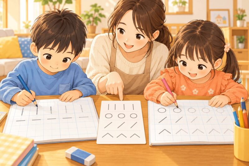 年長の男の子と女の子がお手本を見ながらなぞり書きや写し書きをするイラスト