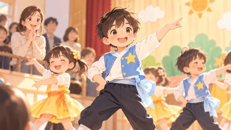 年長の男の子が授業参観のダンス発表で楽しそうに踊るイラスト