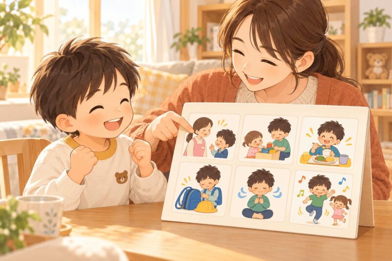 nencho-growth-10-things-board.png	年長の男の子ができるようになったことを母親と一緒に振り返るイラスト