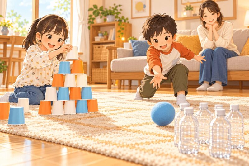 年長の男の子と女の子が紙コップタワーとペットボトルボウリングで遊ぶイラスト
