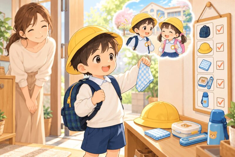 年長の男の子が小学校準備に向けて持ち物を自分で確認するイラスト