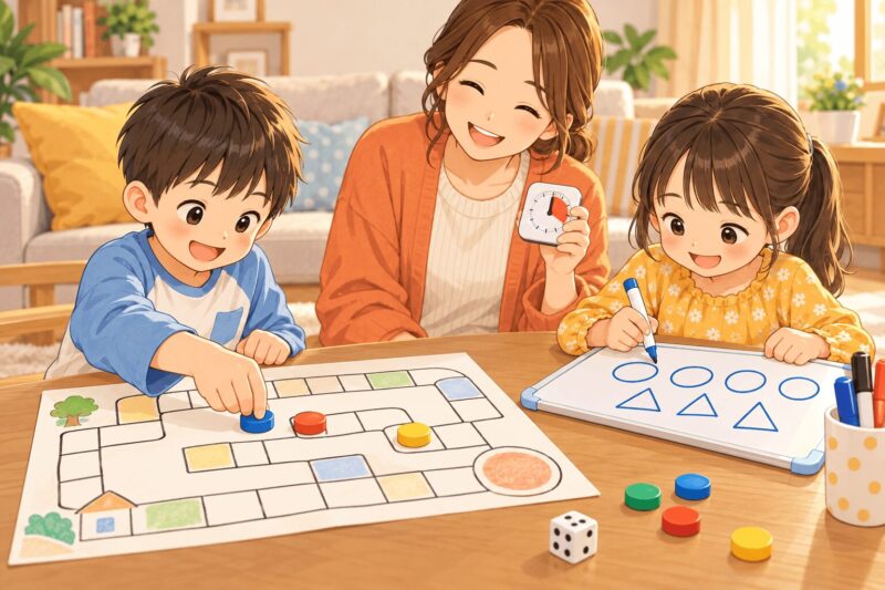 年長の男の子と女の子が手作りすごろくとホワイトボード遊びをするイラスト