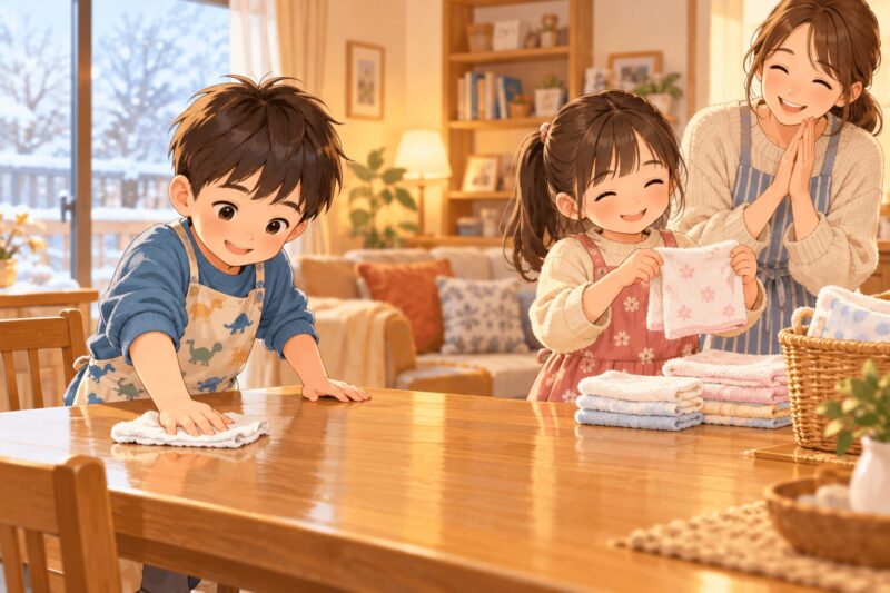 年長の男の子と女の子がお手伝いをして自信を育てるイラスト