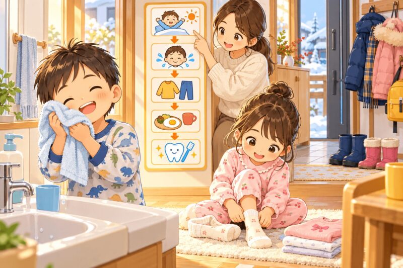 年長の男の子と女の子が冬休みの朝ルーティンを練習するイラスト