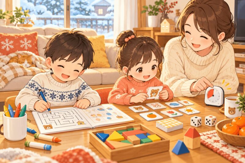 年長の男の子と女の子が短時間ワークと室内遊びに取り組むイラスト