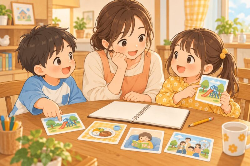 年長の男の子と女の子が母親と今日の出来事を話しながら作文の内容を考えるイラスト