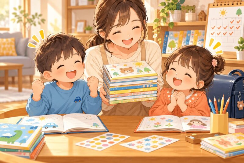 年長の男の子と女の子が1日1作文ノートの積み重ねを喜ぶイラスト
