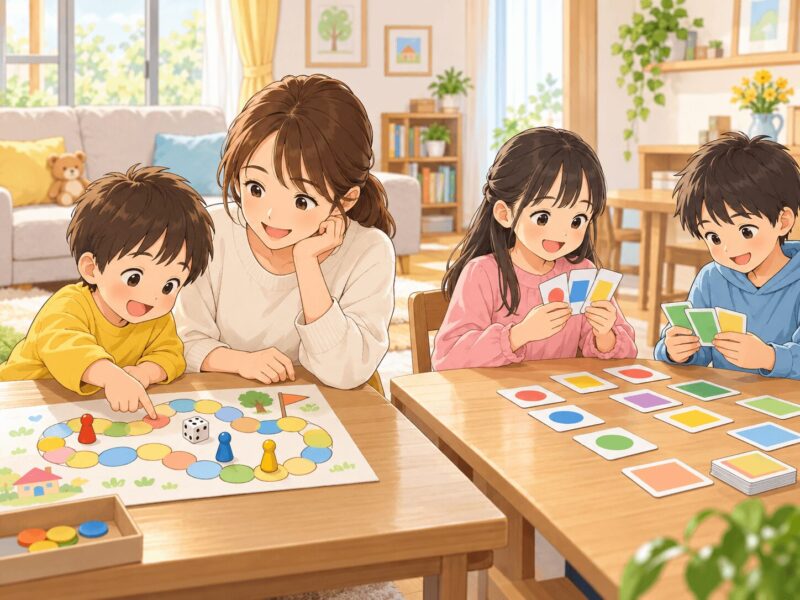 幼児と小学生が年齢に合った室内ゲームを楽しむ様子