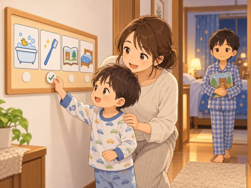 寝る前の流れを絵カードで確認する男の子と母親