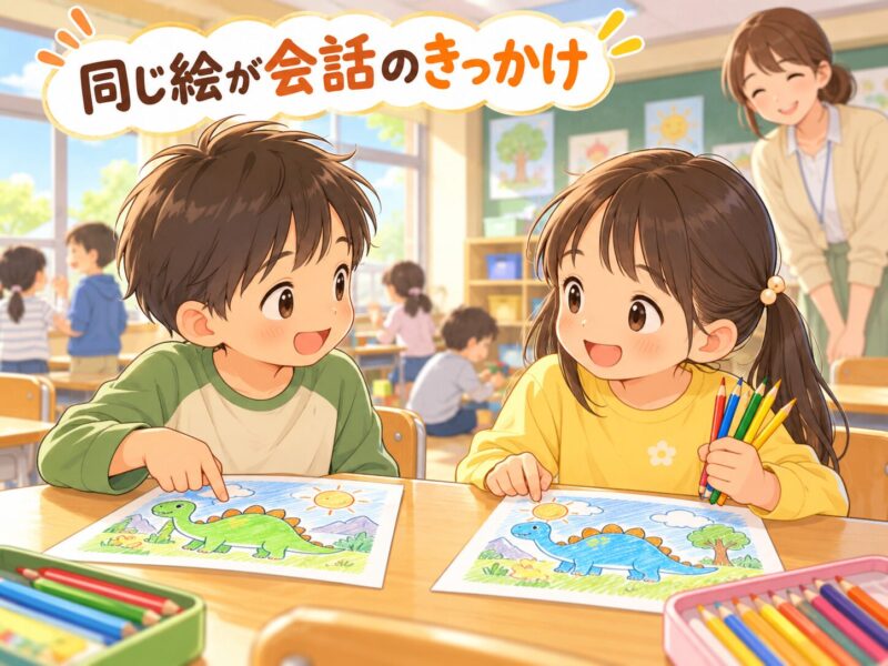 同じ塗り絵をきっかけに友達と会話する小学1年生のイラスト