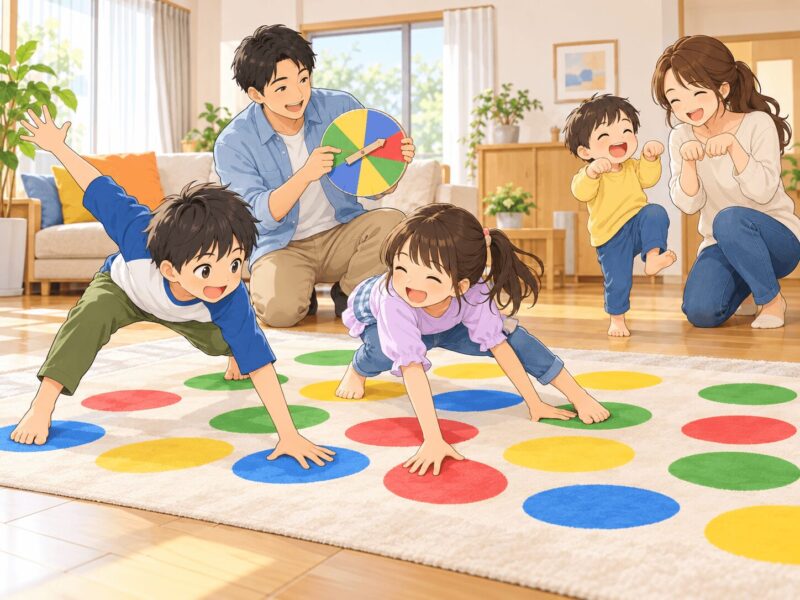 親子で体を動かす室内ゲームとジェスチャー遊びを楽しむ子どもたち