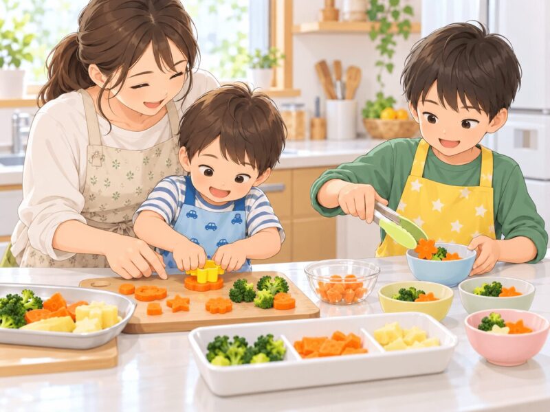 野菜の型抜きと盛り付けを親子で楽しむ男の子たち