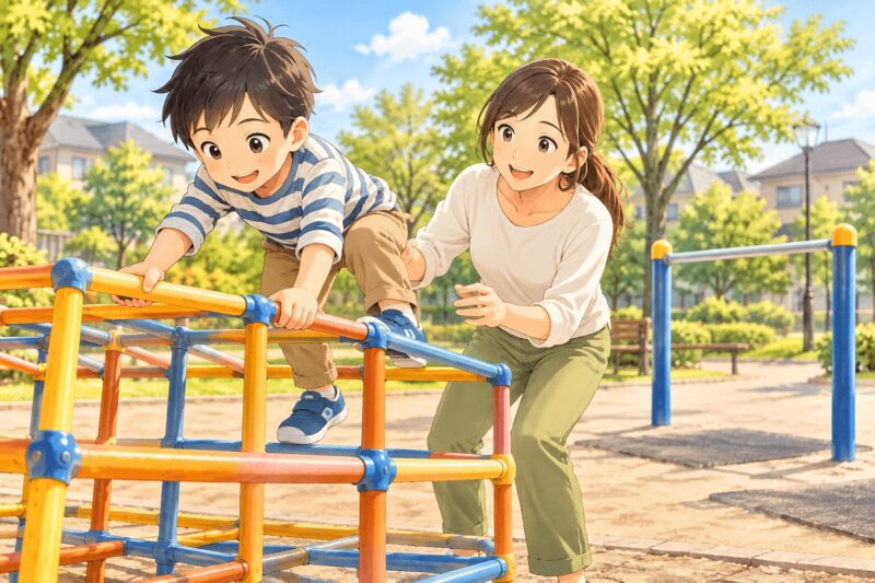 ジャングルジムや鉄棒で空間認知と握る力を育てる男の子のイラスト