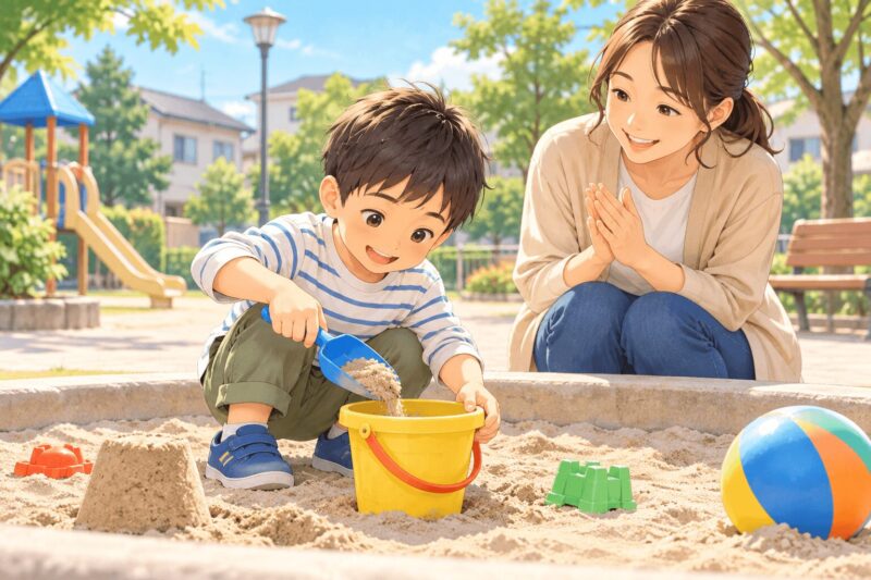 砂場やボール遊びで手先の力とやりとりを育てる男の子のイラスト