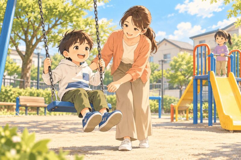 ブランコやすべり台で体幹と順番待ちを育てる男の子のイラスト
