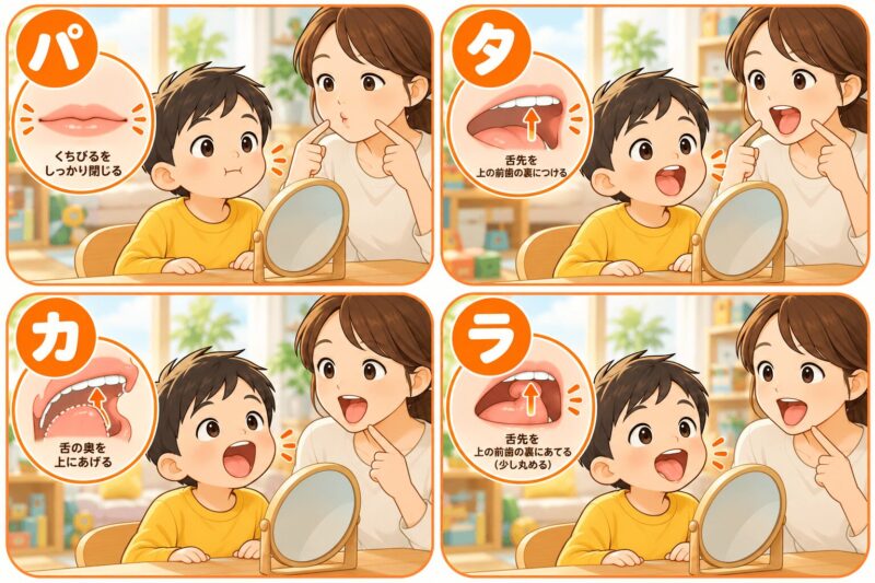 patakara-mouth-exercise-practice.png	男の子が鏡を見ながらパタカラ体操で唇と舌を動かす練習をするイラスト