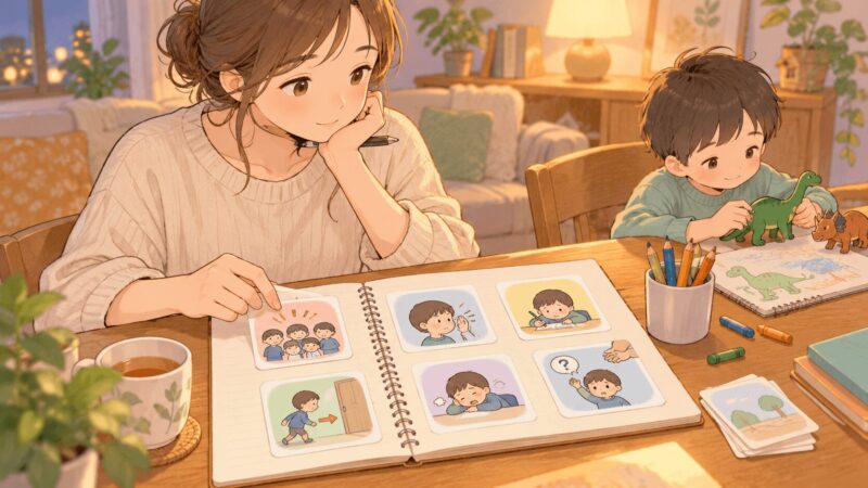 普通級で心配だった一斉指示や書字、切り替えなどを家庭で整理している母親のイラスト
