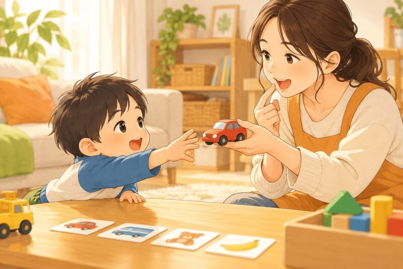 男の子がおもちゃを欲しい気持ちを伝えながら発語につなげるイラスト