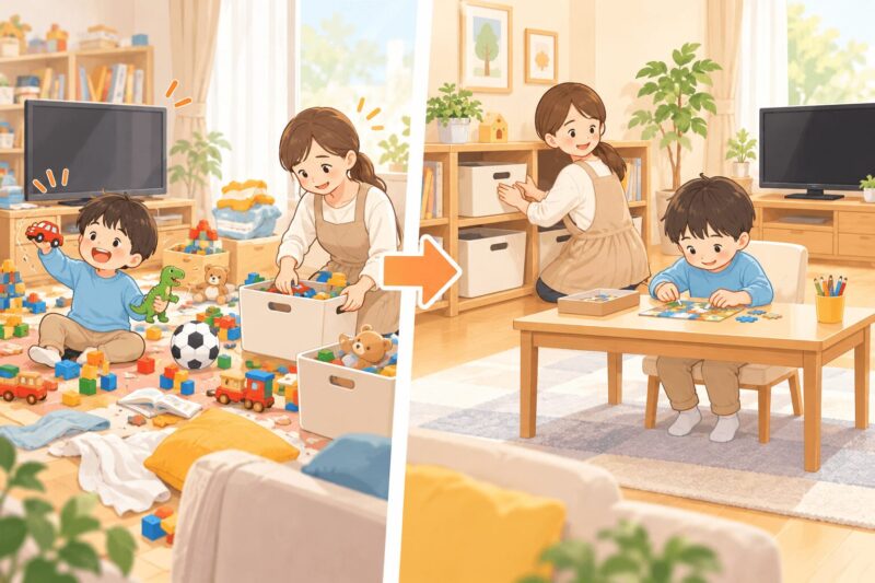 落ち着きがない子どもが集中しやすいよう視覚刺激を減らした家庭環境のイラスト