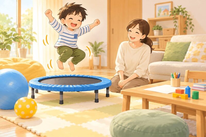 落ち着きがない子どもがトランポリンやボール遊びで体を動かして集中しやすくなるイラスト