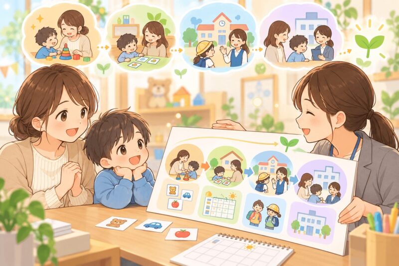 療育センターの初回相談後に親子療育や園との連携、次の支援につながる流れのイラスト