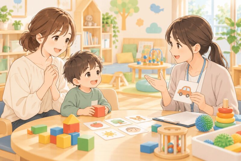 療育センターで専門職に発達相談をする親子のイラスト