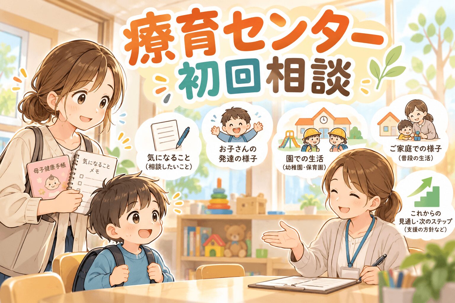 療育センターの初回相談で聞かれる内容や流れを親子で確認するイラスト