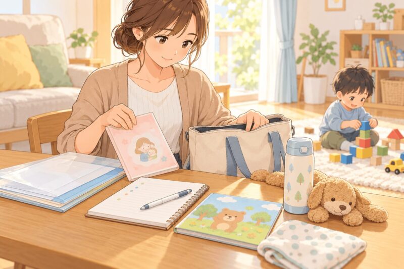 療育センターの初回相談に持っていく母子手帳や困りごとメモ、安心グッズを準備する母親のイラスト