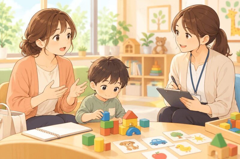 療育センターの初回面談で専門職に子どもの困りごとを相談する親子のイラスト