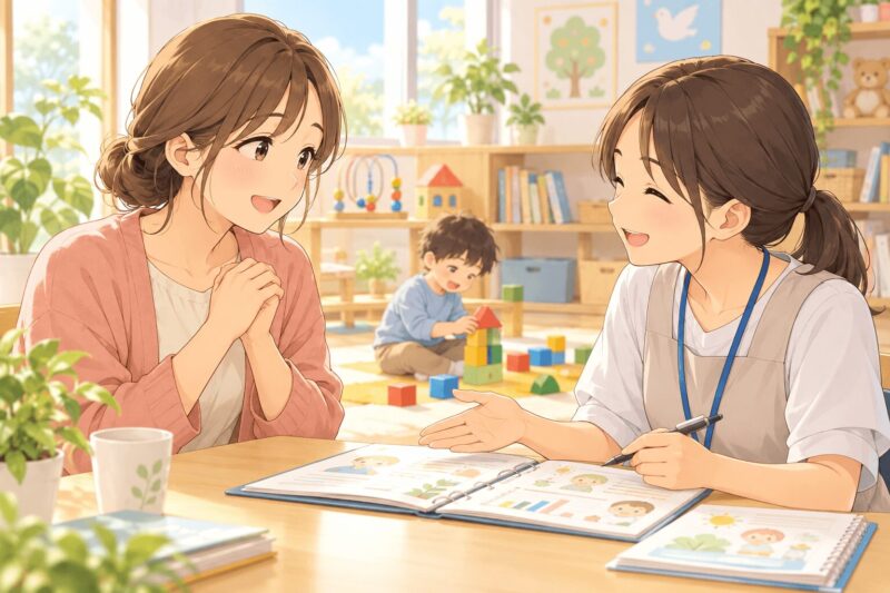療育センターで保護者が先生に子どもの成長や家庭での関わり方を相談するイラスト