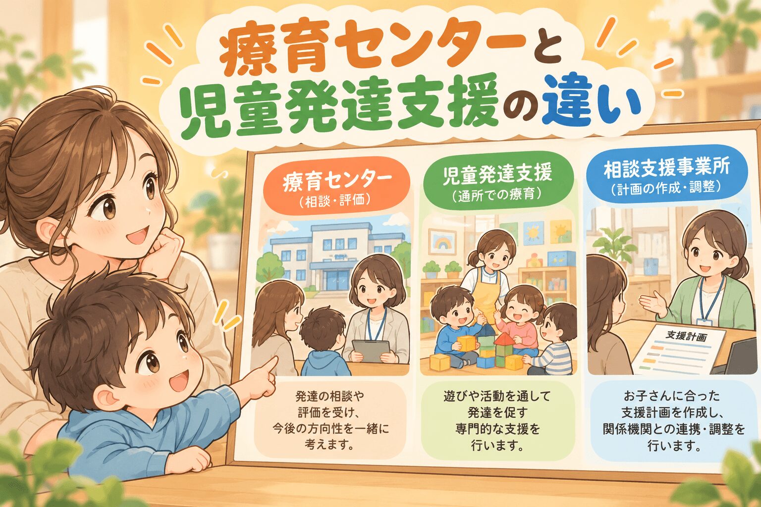 療育センターと児童発達支援と相談支援事業所の違いを親子で確認するイラスト