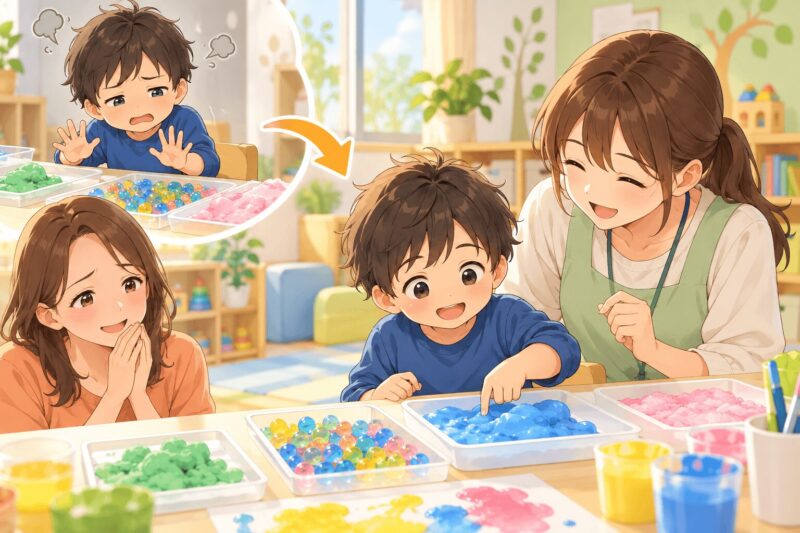 触覚過敏がある子どもが療育センターで感触遊びに少しずつ挑戦するイラスト