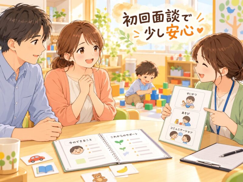 療育センターの初回面談で支援内容を聞いて安心する親子のイラスト