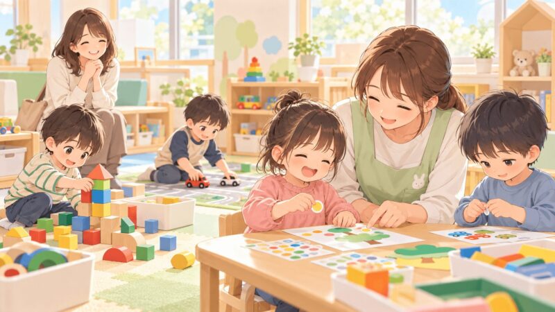 療育センターで小集団遊びや製作活動に取り組む子どもたちのイラスト