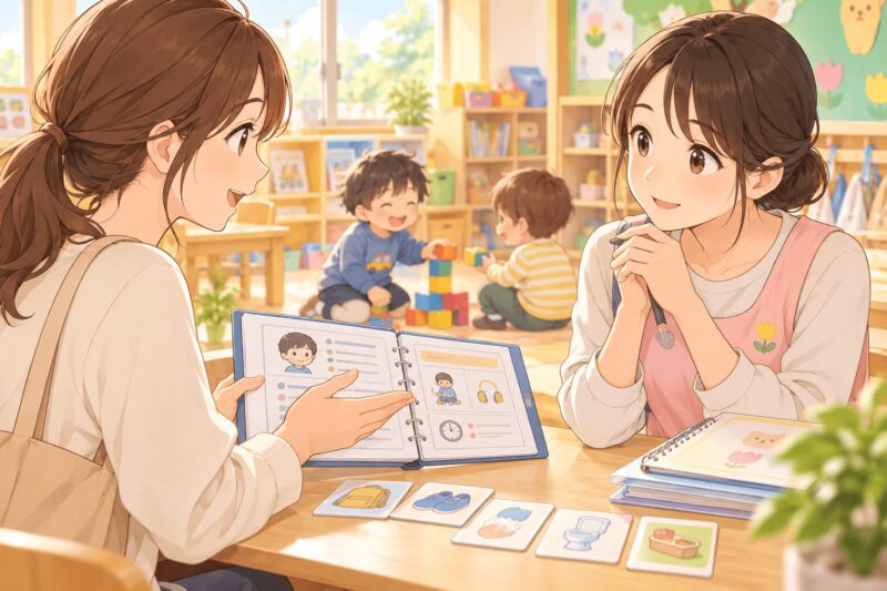 幼稚園の先生と子どもの特性や支援方法を共有して誤解を防ぐ母親のイラスト