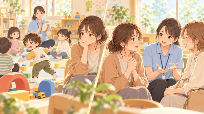 集団療育で他の子と比べて落ち込む母親が先生や保護者に相談するイラスト