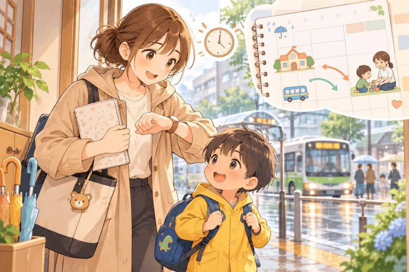 雨の日に療育へ通う親子とスケジュール調整の大変さを表したイラスト