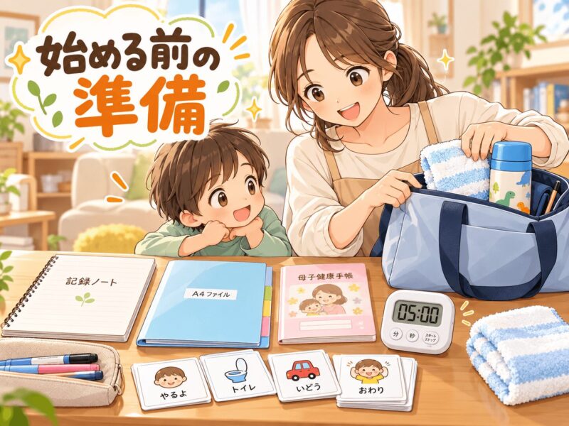 療育を始める前に記録ノートやA4ファイルや母子手帳を準備する親子のイラスト