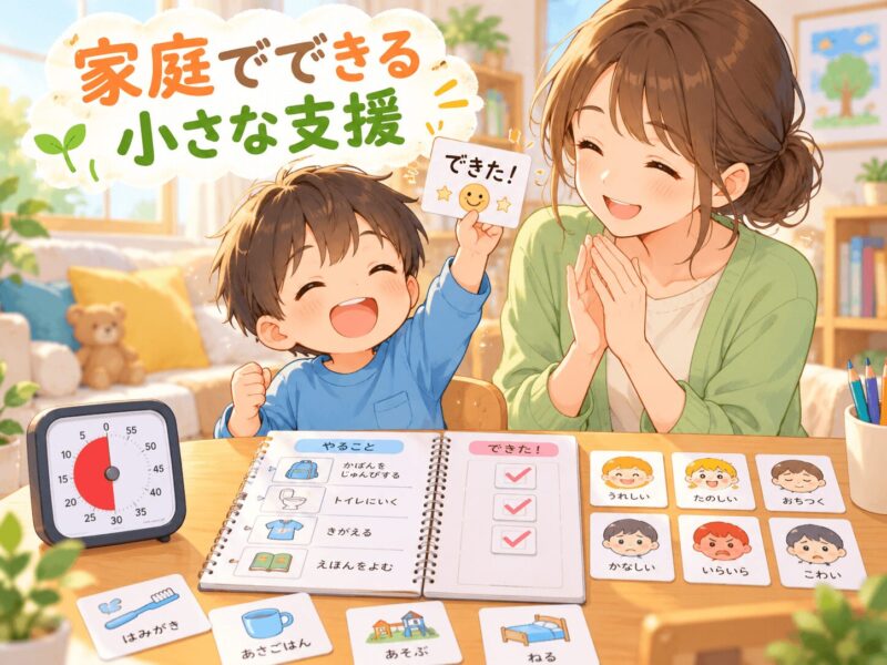 家庭で絵カードやタイマーや記録ノートを使って子どもを支援する親子のイラスト