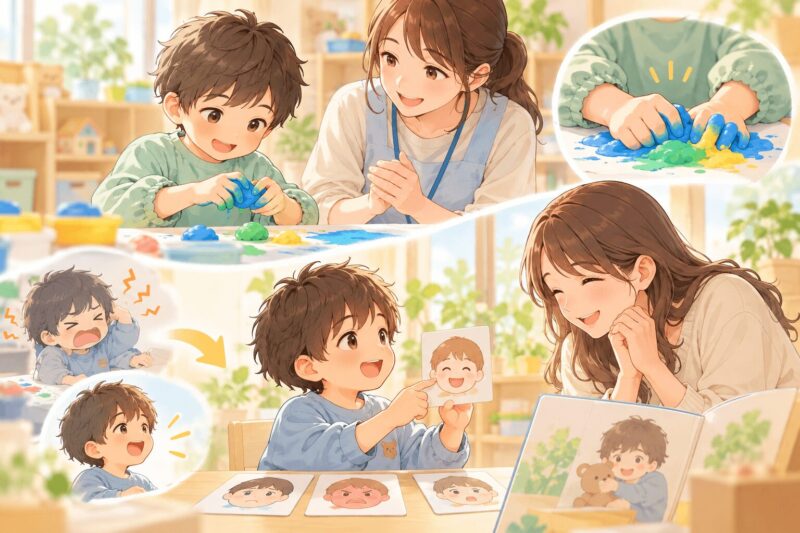感覚遊びや気持ちカードを通して感覚過敏や癇癪に少しずつ変化が見える子どものイラスト
