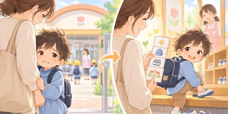 登園しぶりがあった子どもが絵カードで見通しを持ち笑顔で登園できるようになるイラスト