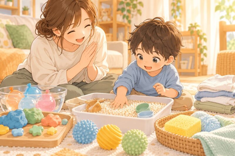 療育待ちの間に家庭で感覚遊びをしながら小さな成功体験を増やす親子のイラスト