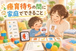 療育待ちの間に家庭でできる視覚支援や感覚遊び、声かけの工夫をする親子のイラスト