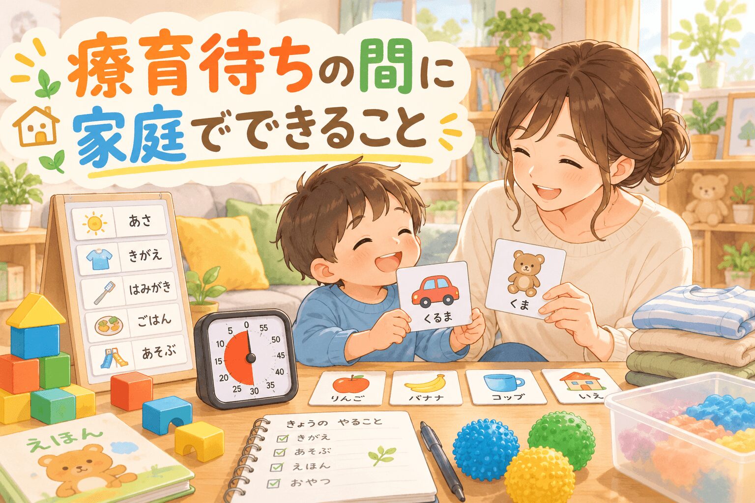 療育待ちの間に家庭でできる視覚支援や感覚遊び、声かけの工夫をする親子のイラスト