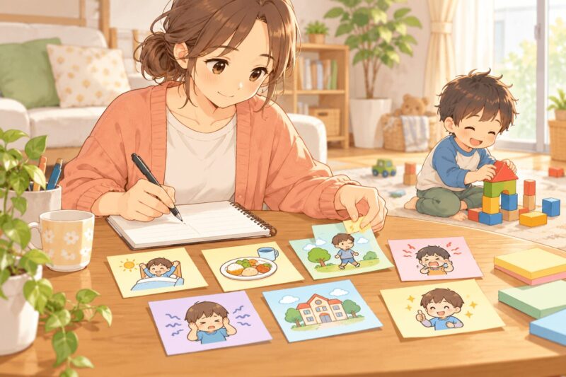 療育待ちの間に家庭で子どもの困りごとメモを作る母親のイラスト
